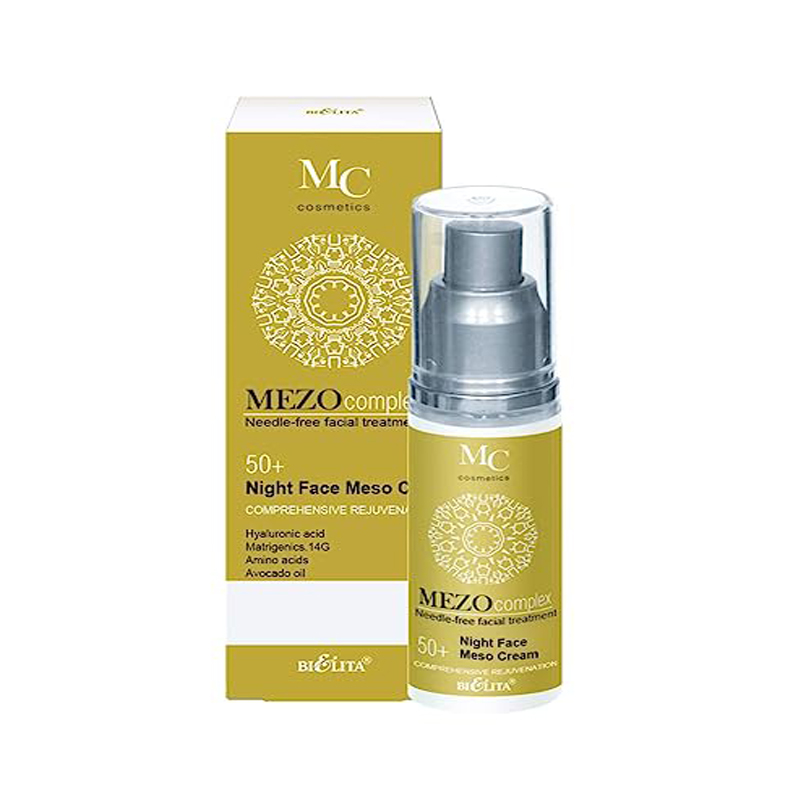 Bielita & Vitex MEZOcomplex Line Night Face Mezo Cream 50+ Complex Rejuvenation for All Skin Types, 50 ml with Hyaluronic Acid, Collagen, Avocado Oil, Cocoa Butter, Amino Acid Cocktail, Vitamins